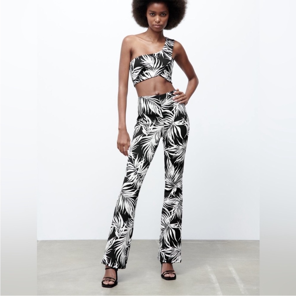 NWT Zara Jacquard Floral 2 Piece Set High Flare Pants & Crop Tank Top